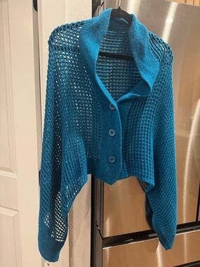Teal Open-Knit Button-Front Poncho Shrug